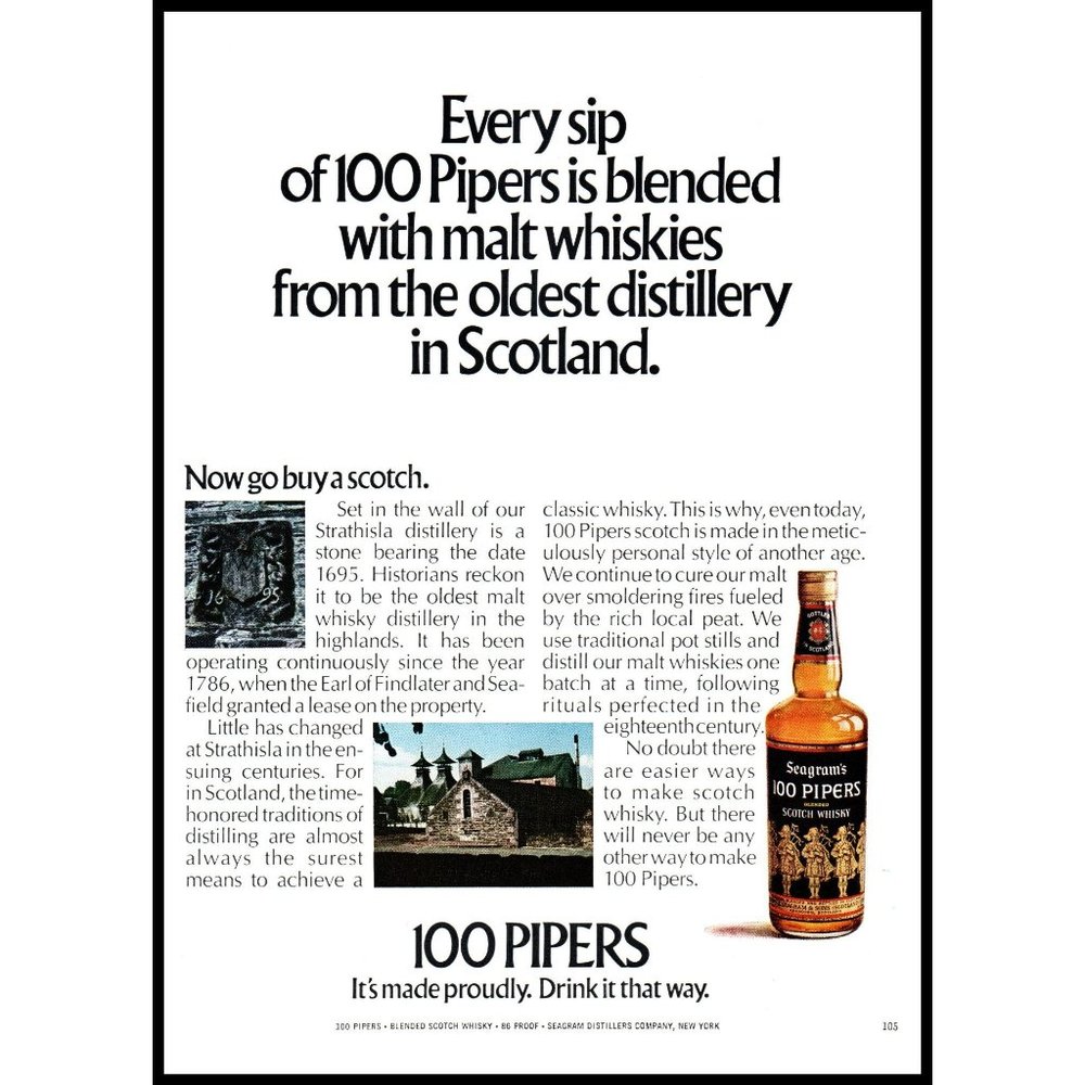 1971 Seagram's 100 Pipers Scotch Vintage Print Ad Scotland Fort Bar Wall Art